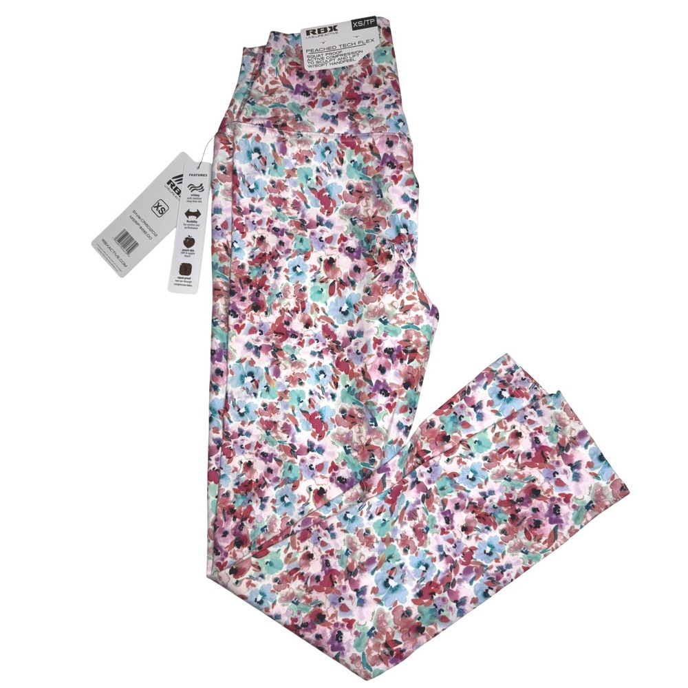 RBX Live Life Active XS Peached Tech Floral Print Compression Ankle Leggings NWT